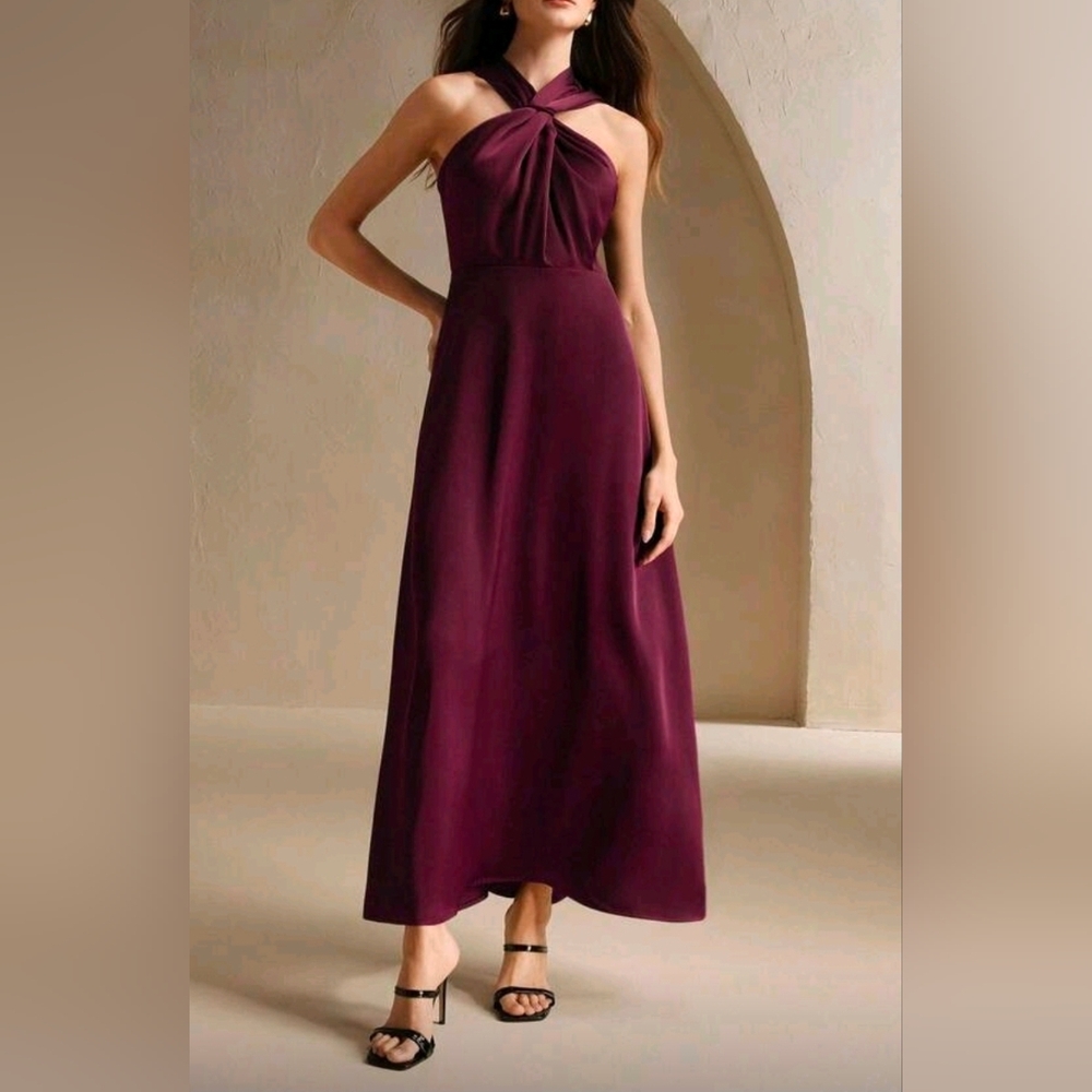 New Chic Satin Wrap Tie Halter Long Dress Burgundy Red Sangria